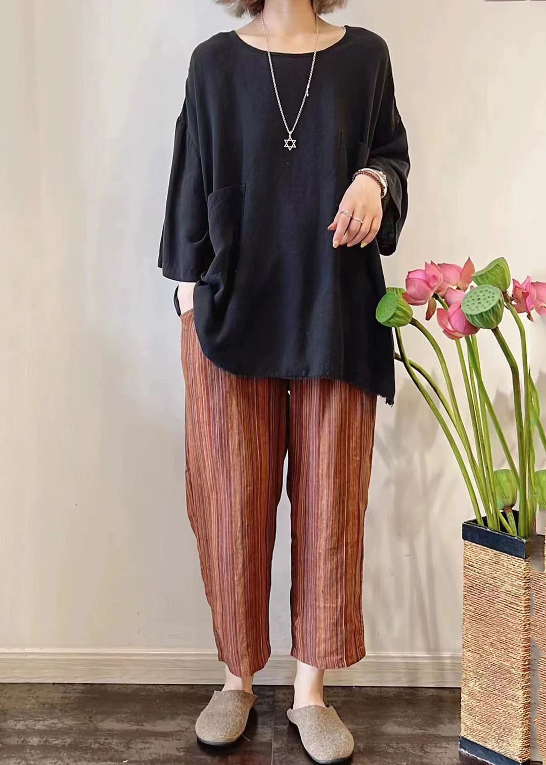 Stylish Orange Oversized Striped Linen Harem Pants Summer