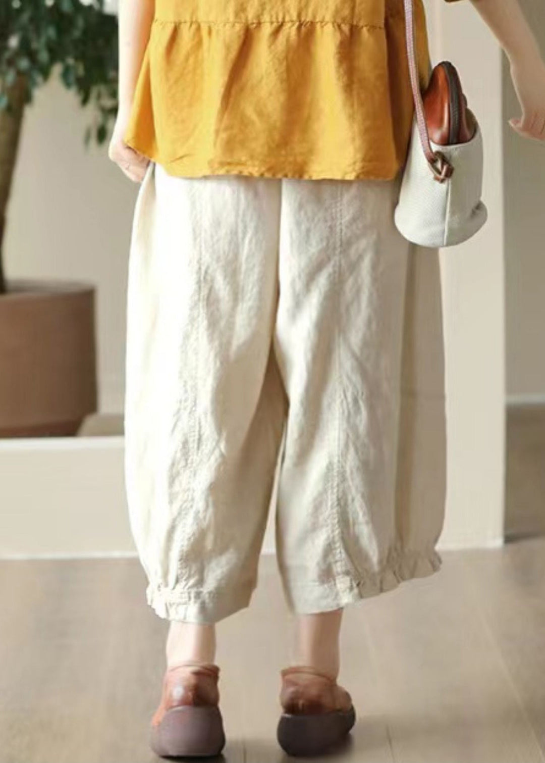 Stylish Orange Pockets Elastic Waist Cotton Crop Pants Summer