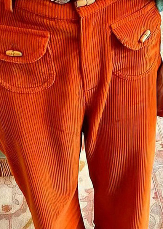 Stylish Orange Pockets High Waist Corduroy Pants Spring