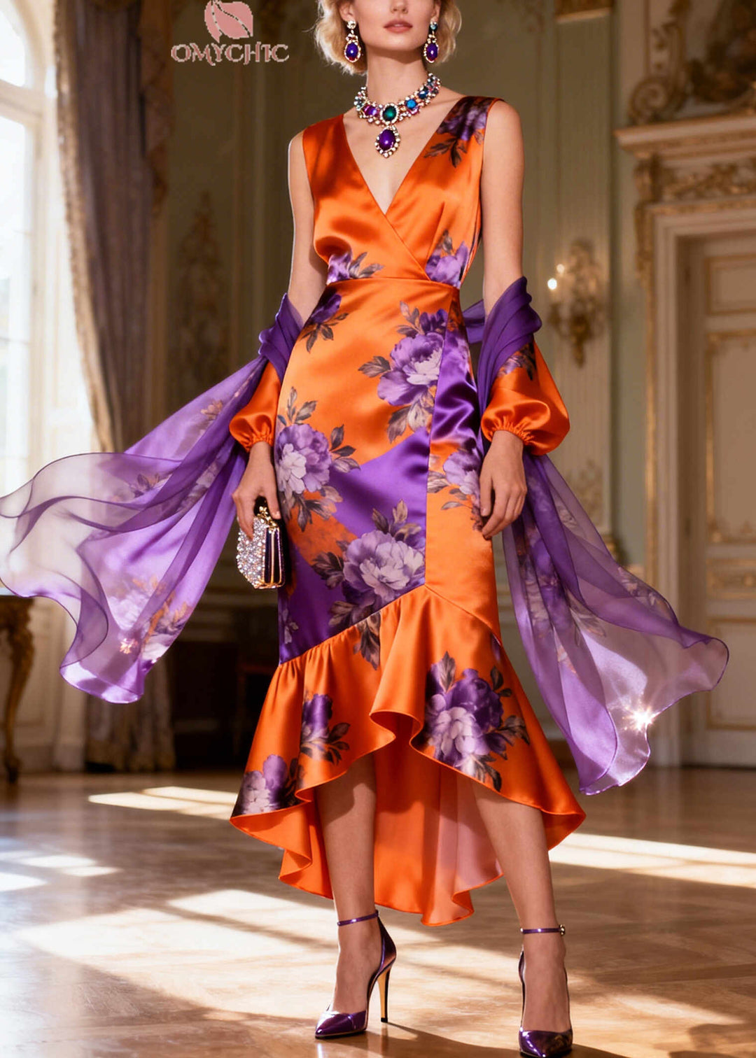 Stylish Orange Ruffled Patchwork Print Silk Wraped Dresses Summer