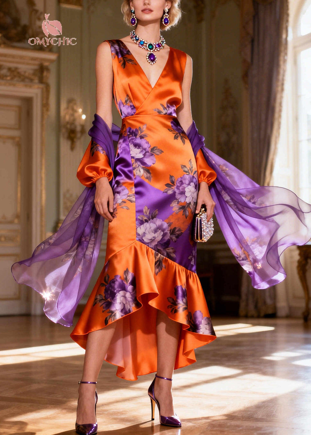 Stylish Orange Ruffled Patchwork Print Silk Wraped Dresses Summer