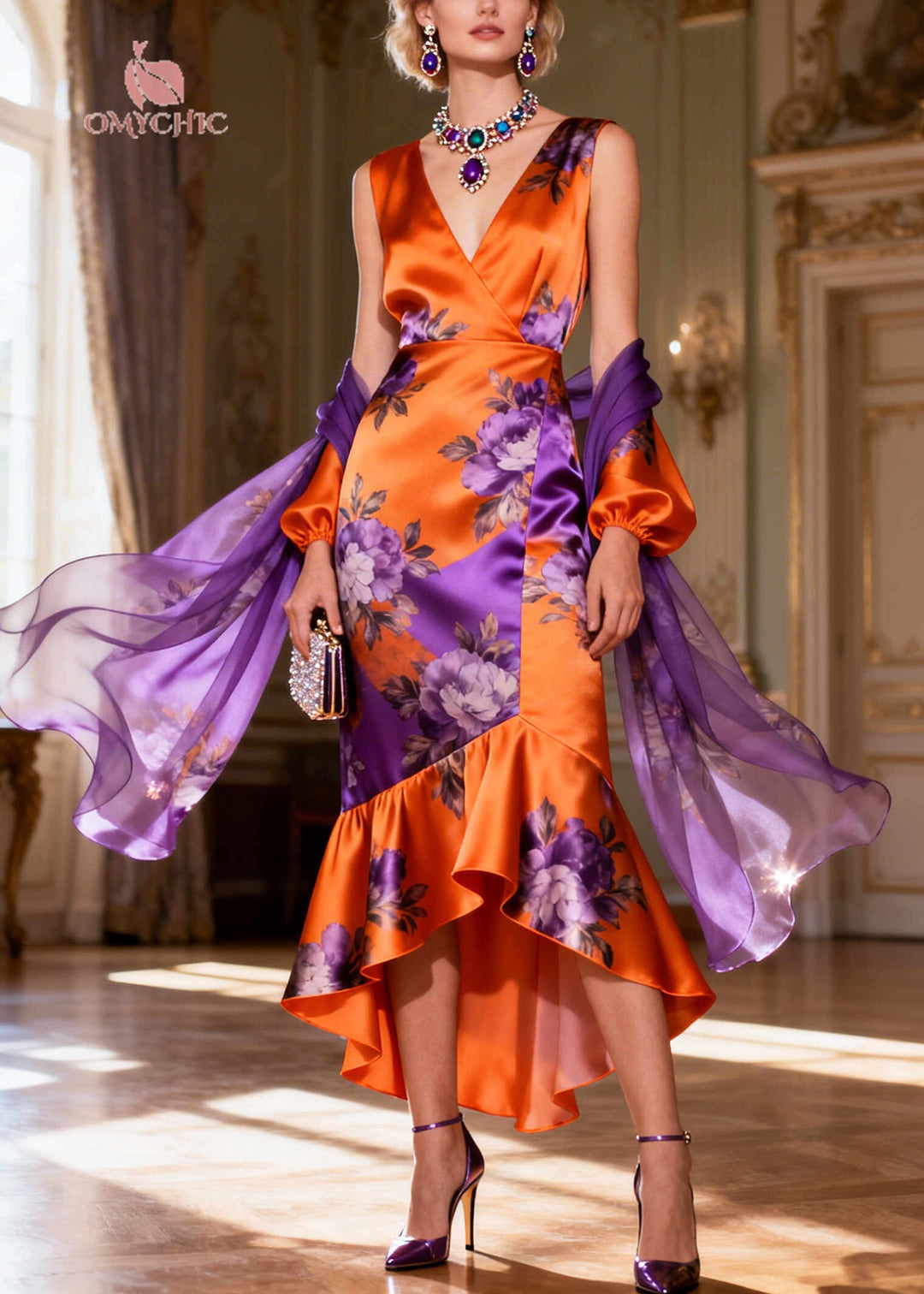 Stylish Orange Ruffled Patchwork Print Silk Wraped Dresses Summer