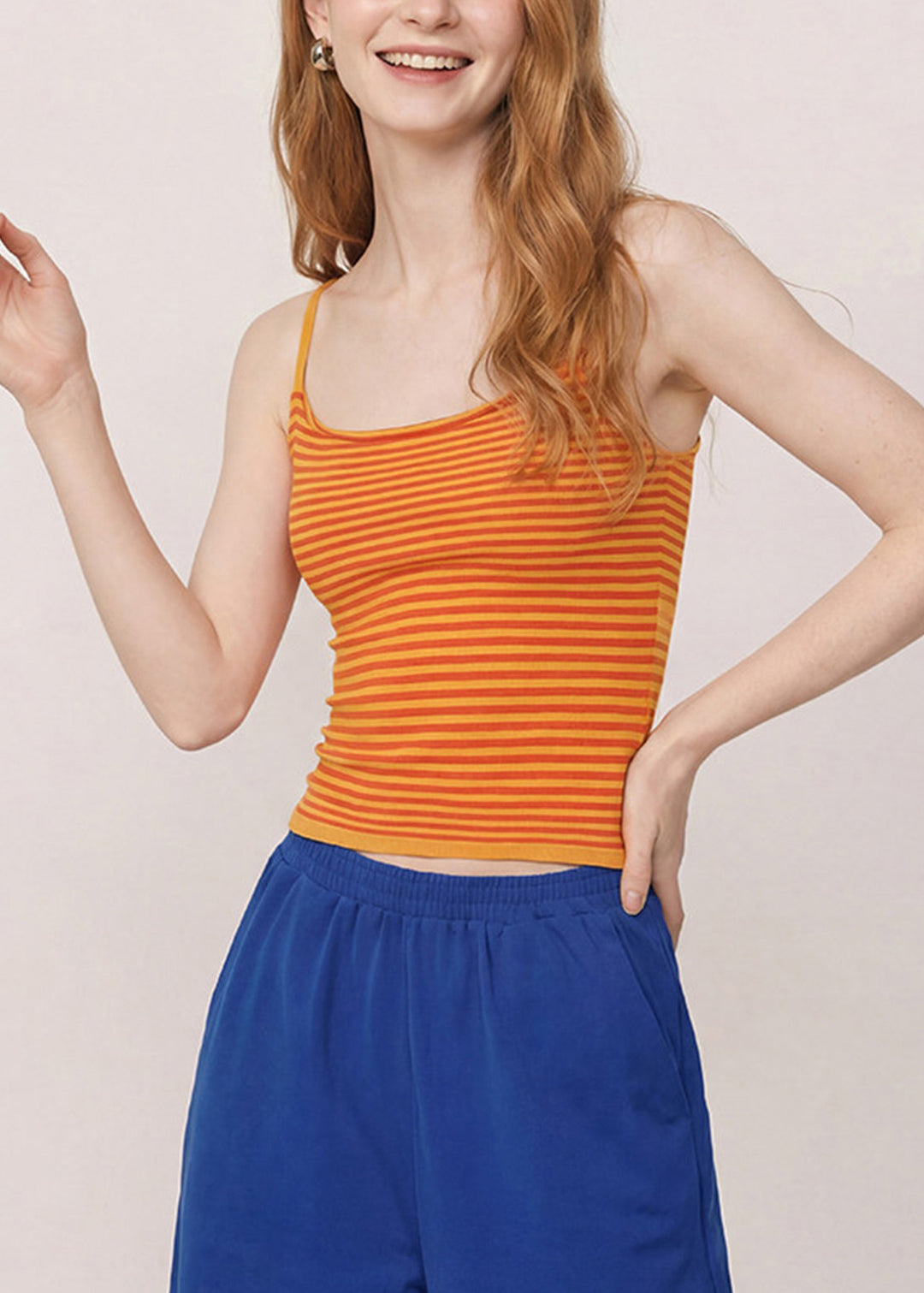 Stylish Orange Striped Knit Tank Tops Sleeveless