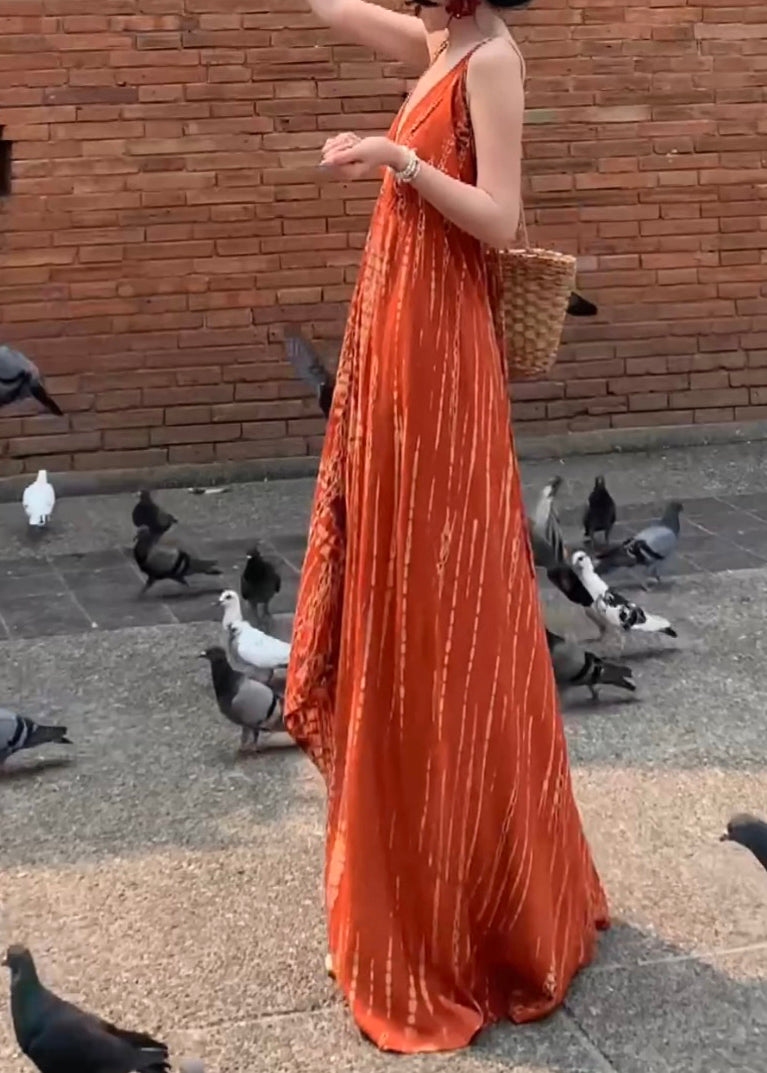 Stylish Orange V Neck Tie Dye Cotton Long Spaghetti Strap Dress Summer