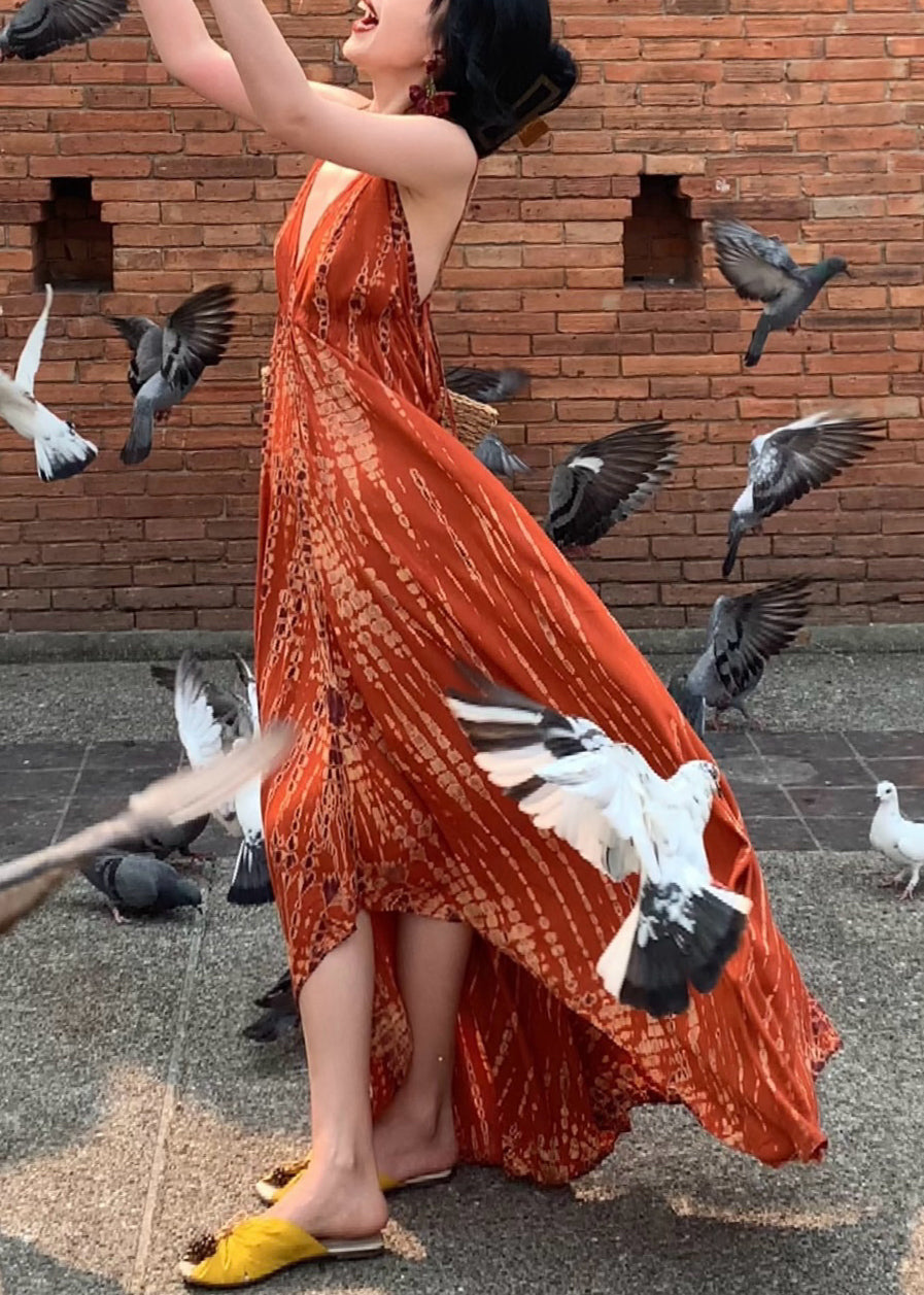Stylish Orange V Neck Tie Dye Cotton Long Spaghetti Strap Dress Summer