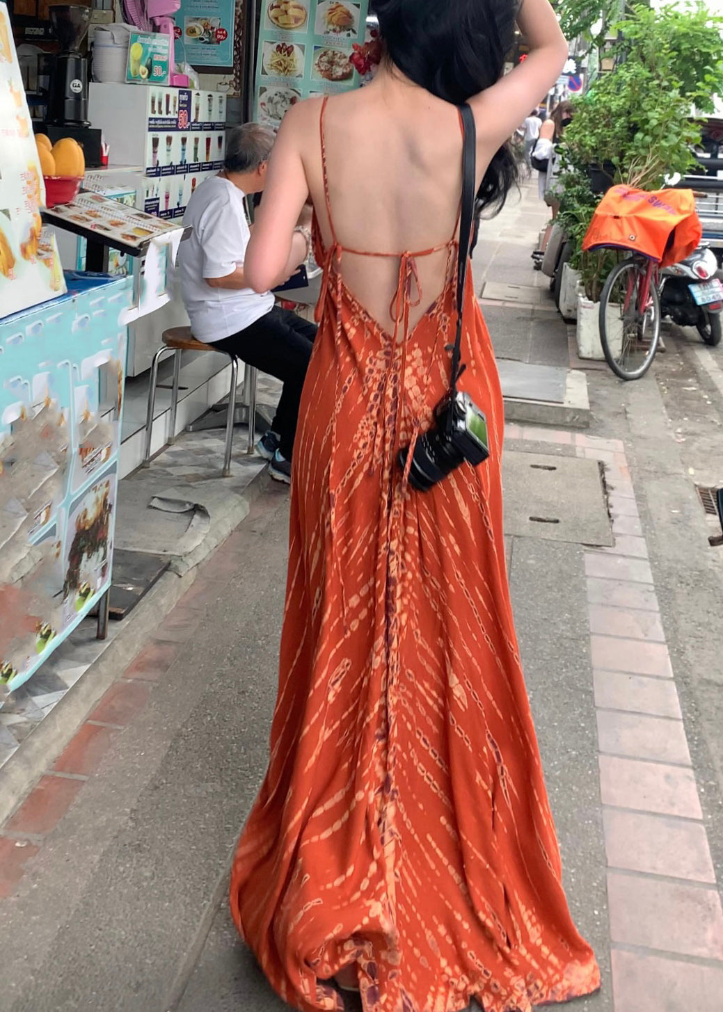 Stylish Orange V Neck Tie Dye Cotton Long Spaghetti Strap Dress Summer
