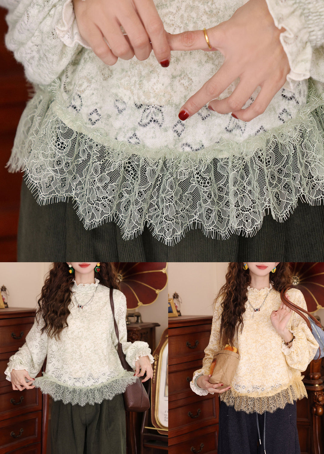 Stylish Pale Green Ruffled Lace Patchwork Knit T Shirt Spring