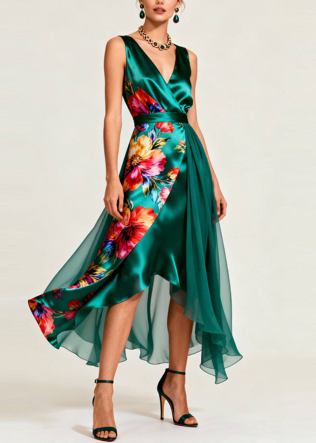 Stylish Peacock Green Asymmetrical Patchwork Tulle Vestidos Dress Summer