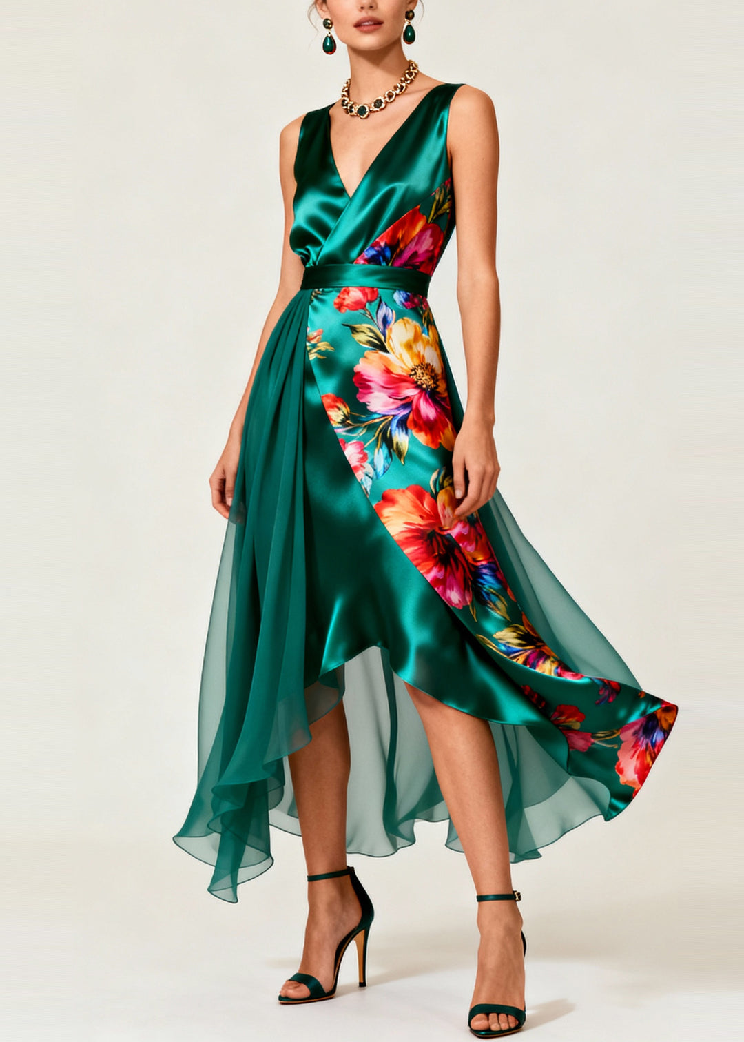 Stylish Peacock Green Asymmetrical Patchwork Tulle Vestidos Dress Summer