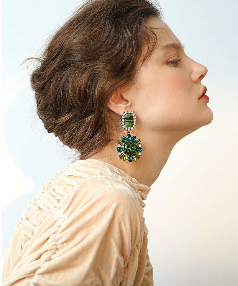 Stylish Peacock Green Sparkling Sunflower Gem Stone Drop Earrings