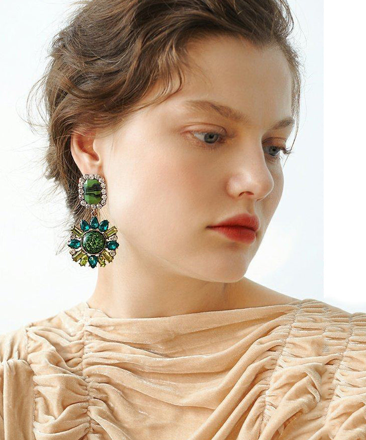Stylish Peacock Green Sparkling Sunflower Gem Stone Drop Earrings
