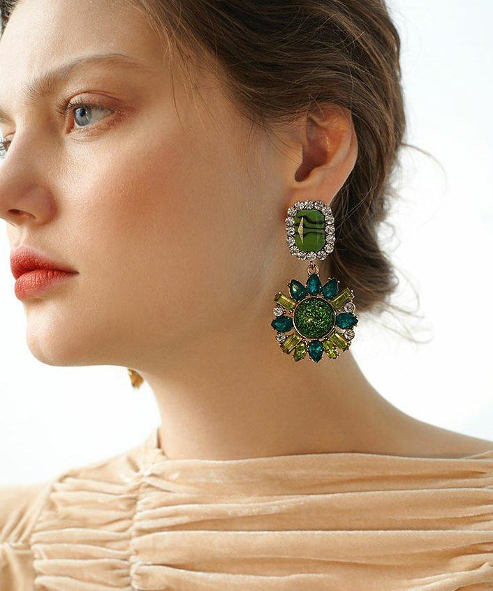 Stylish Peacock Green Sparkling Sunflower Gem Stone Drop Earrings