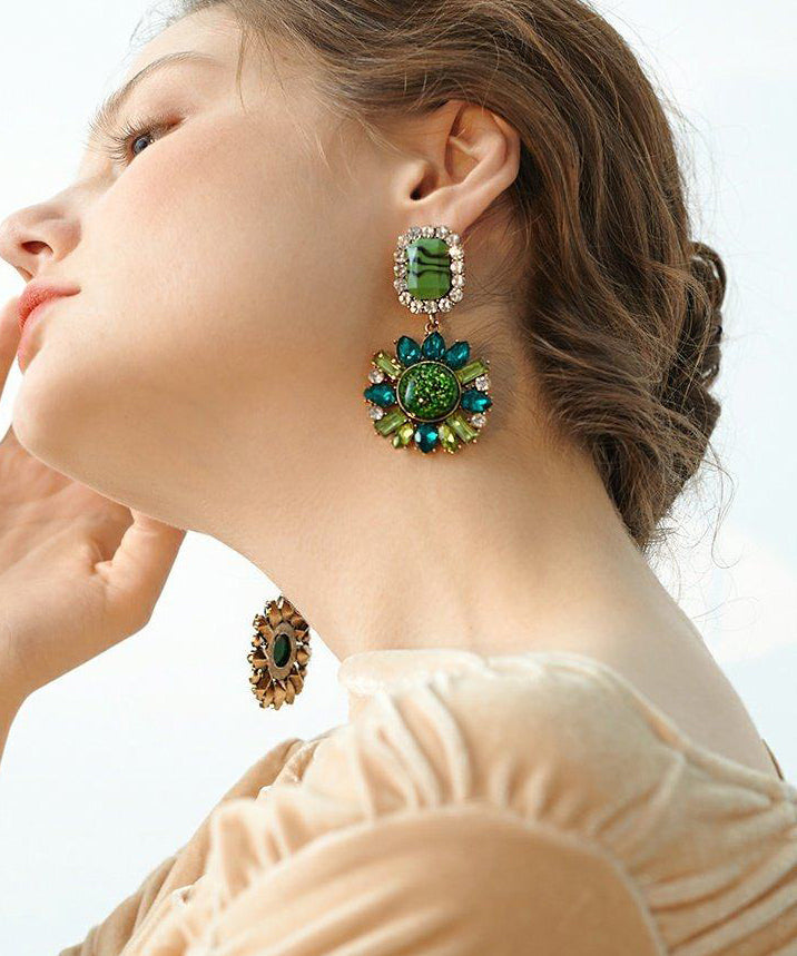 Stylish Peacock Green Sparkling Sunflower Gem Stone Drop Earrings