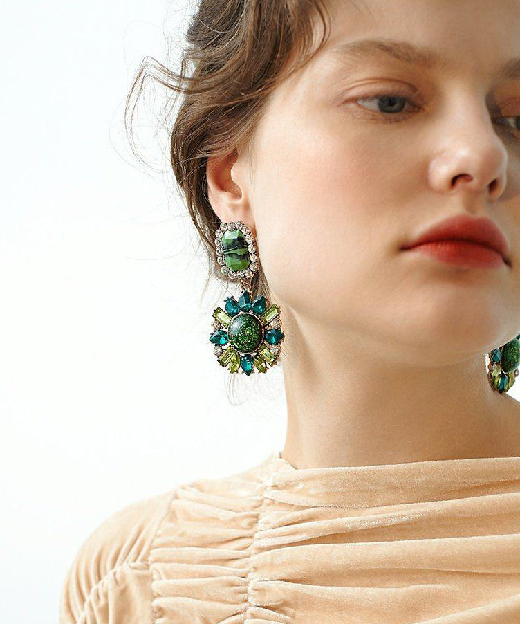 Stylish Peacock Green Sparkling Sunflower Gem Stone Drop Earrings