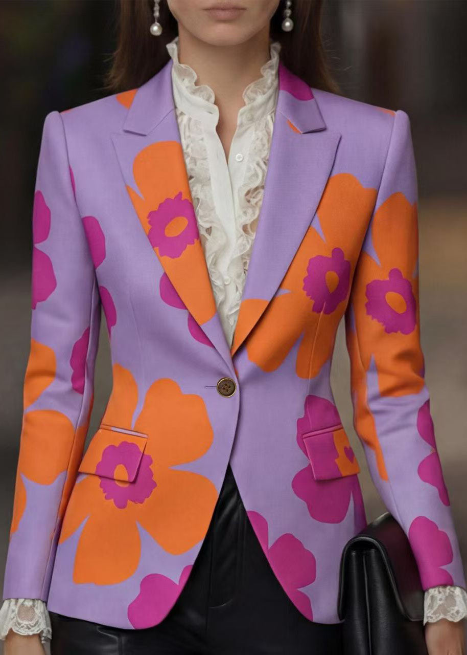 Stylish Peter Pan Collar Button Print Cotton Suit Coat Fall