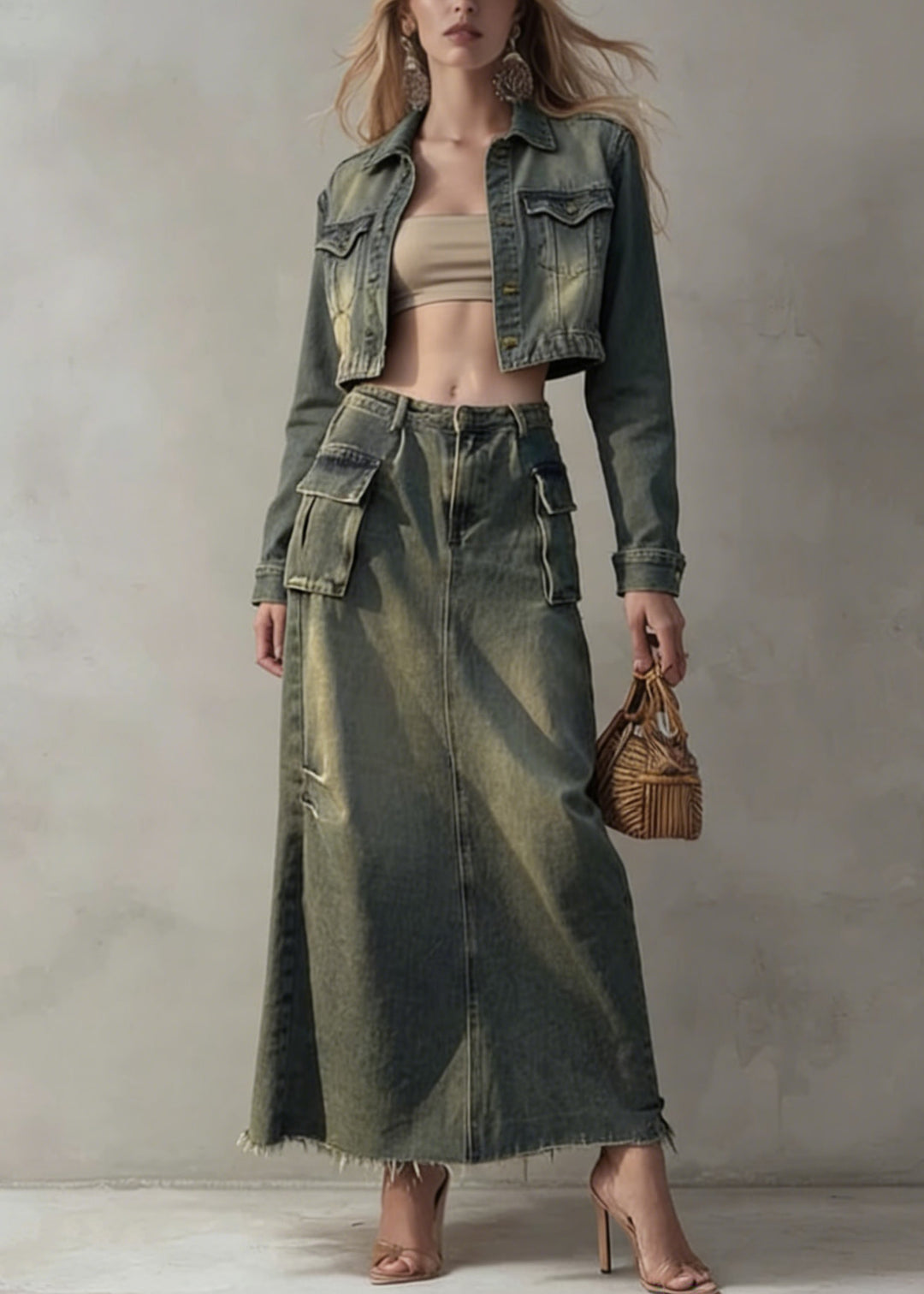 Stylish Peter Pan Collar Coat And Skirts Denim Two Pieces Set Spring