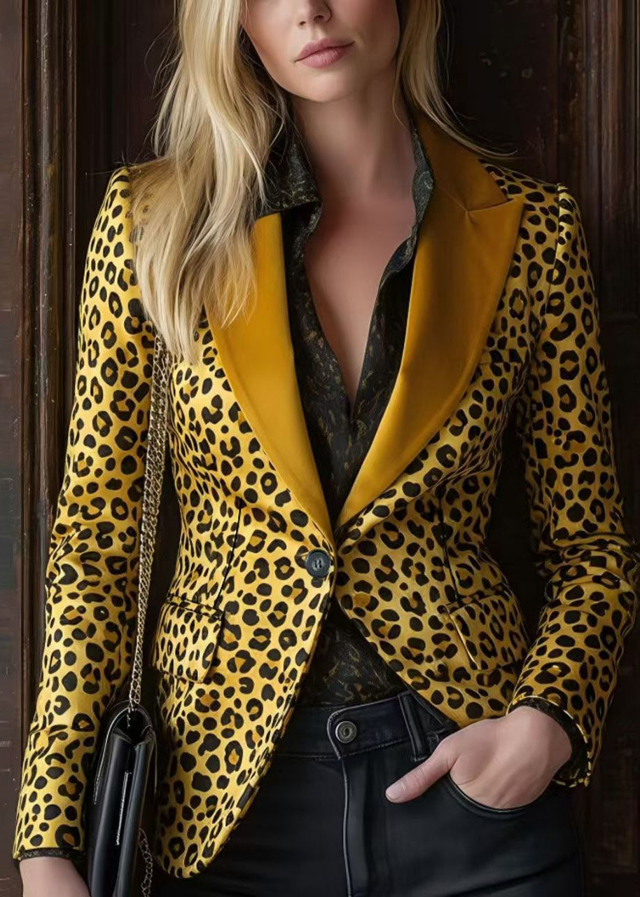 Stylish Peter Pan Collar Leopard Print Button Cotton Suit Coat Fall