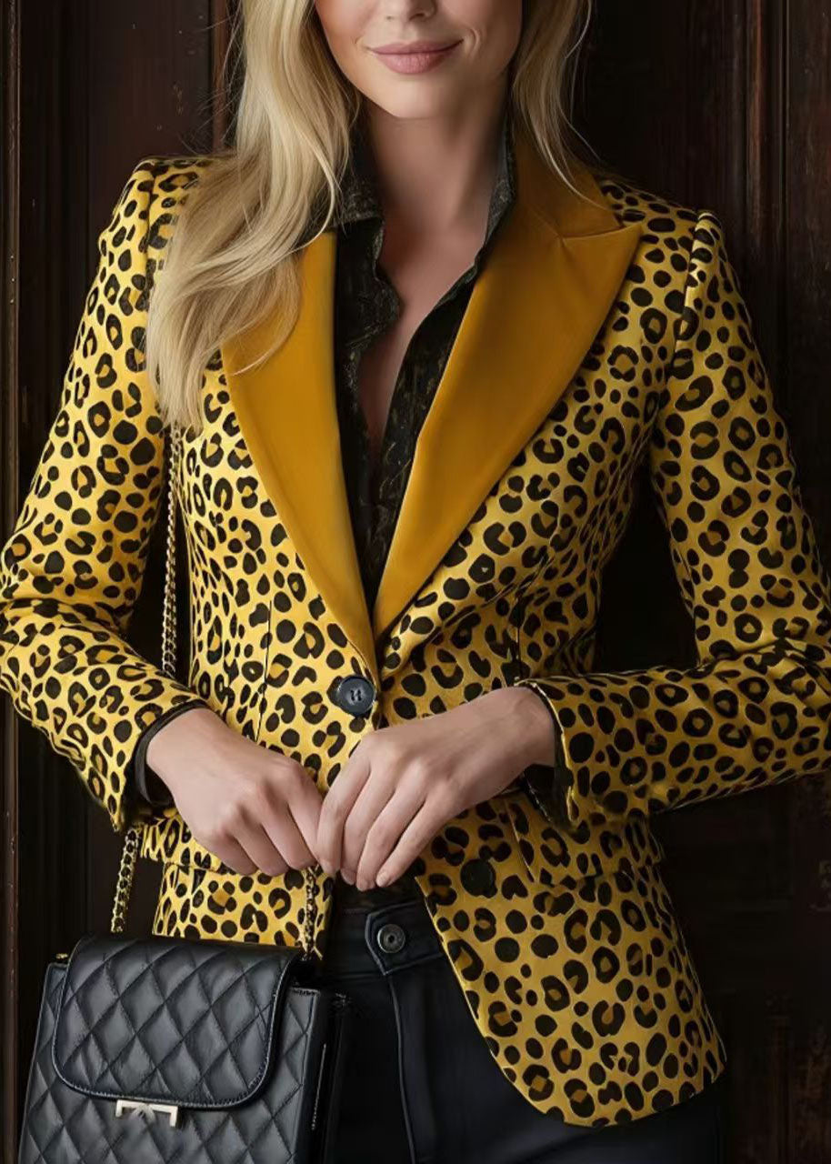 Stylish Peter Pan Collar Leopard Print Button Cotton Suit Coat Fall
