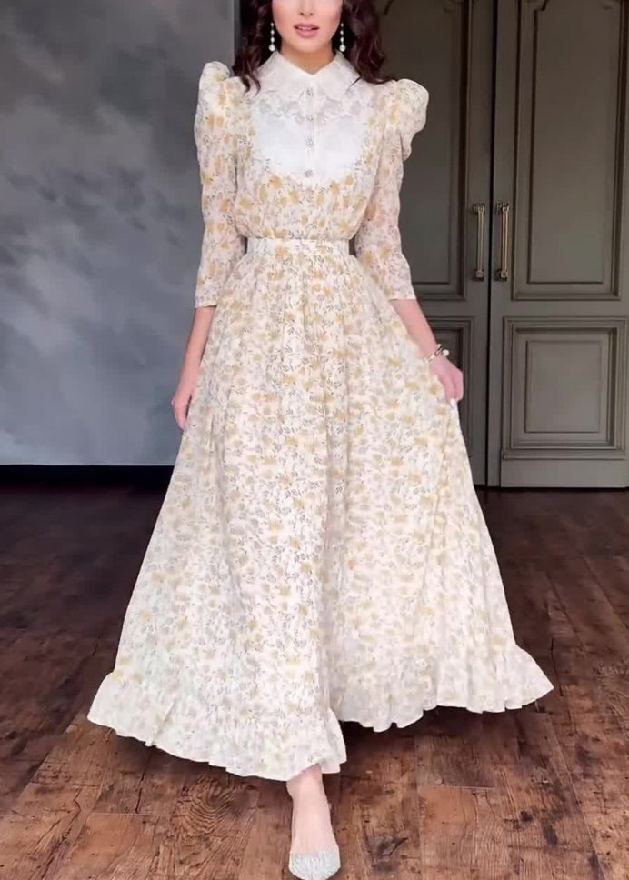 Stylish Peter Pan Collar Print Patchwork Cotton Long Dress Fall