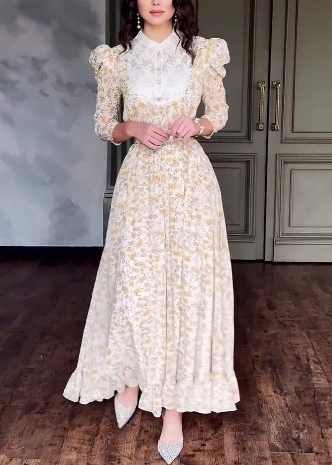Stylish Peter Pan Collar Print Patchwork Cotton Long Dress Fall