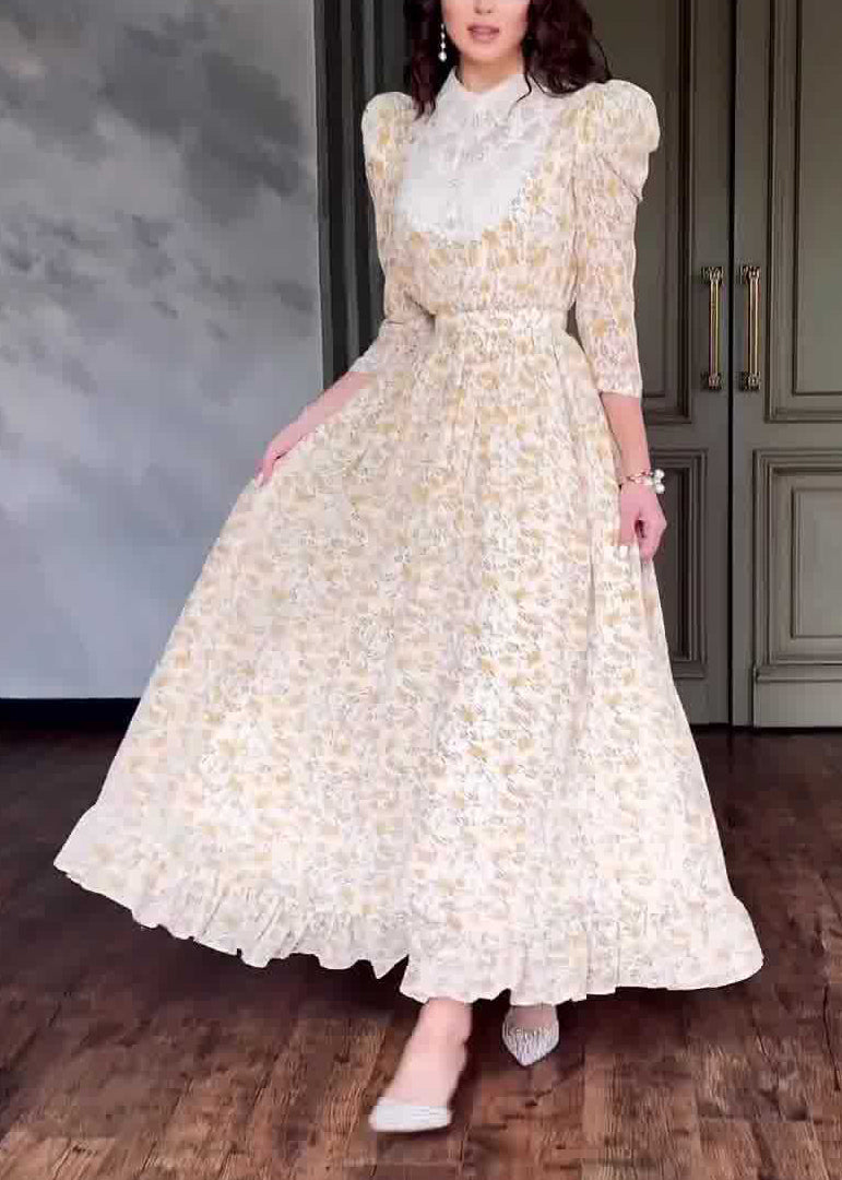 Stylish Peter Pan Collar Print Patchwork Cotton Long Dress Fall