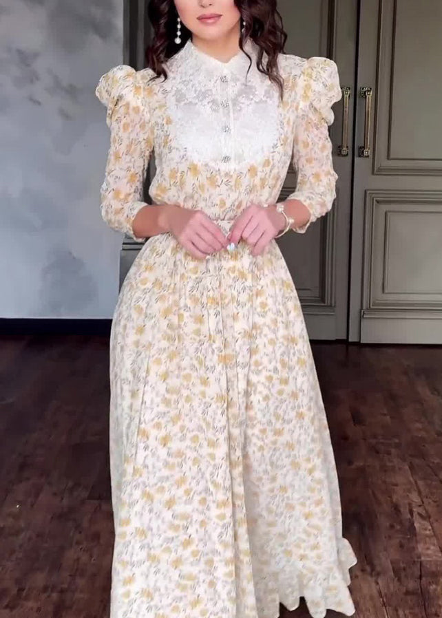 Stylish Peter Pan Collar Print Patchwork Cotton Long Dress Fall