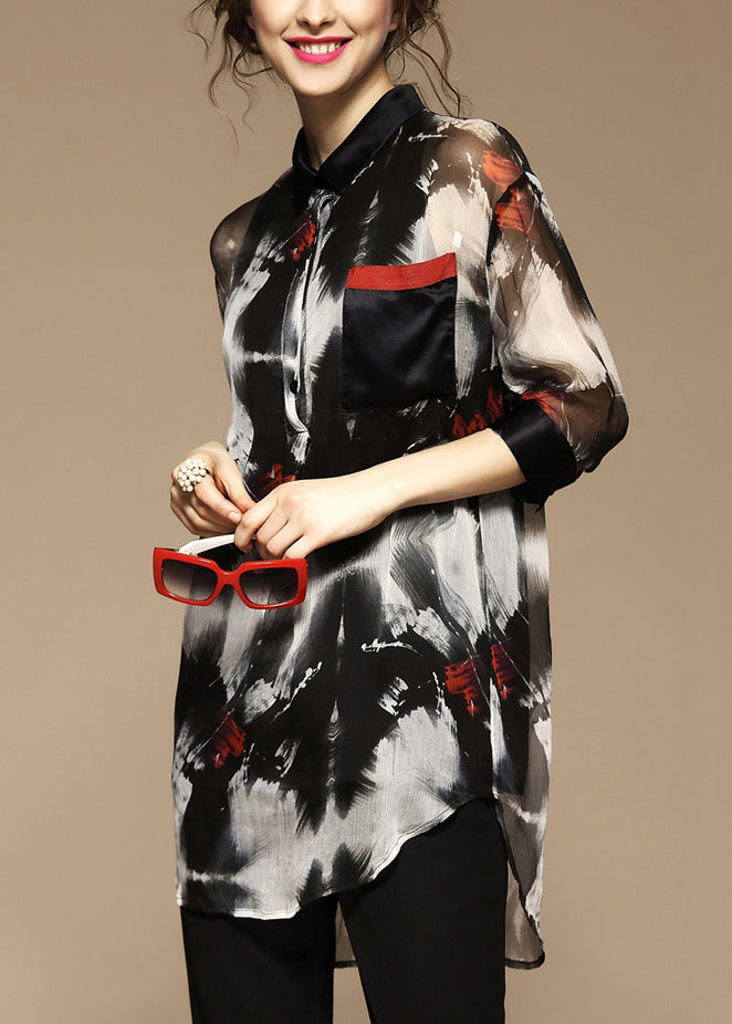 Stylish Peter Pan Collar Print Pockets Blouse Bracelet Sleeve
