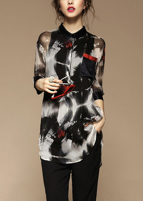 Stylish Peter Pan Collar Print Pockets Blouse Bracelet Sleeve