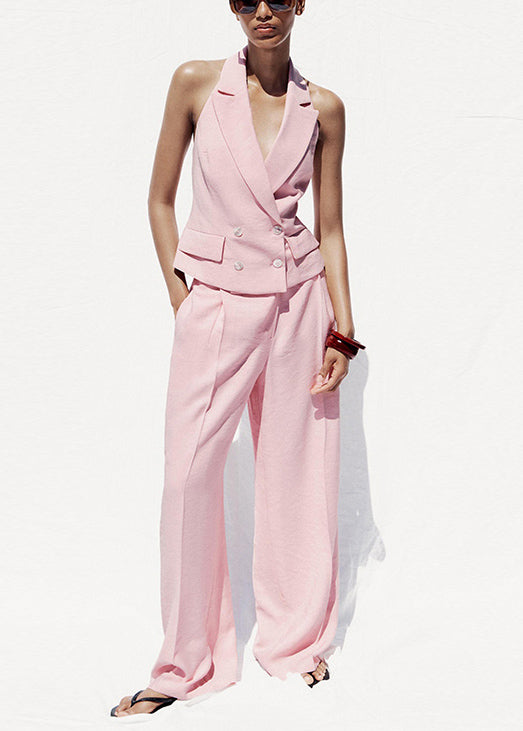 Stylish Pink Backless Double Breast Spandex Two Pieces Set Sleeveless