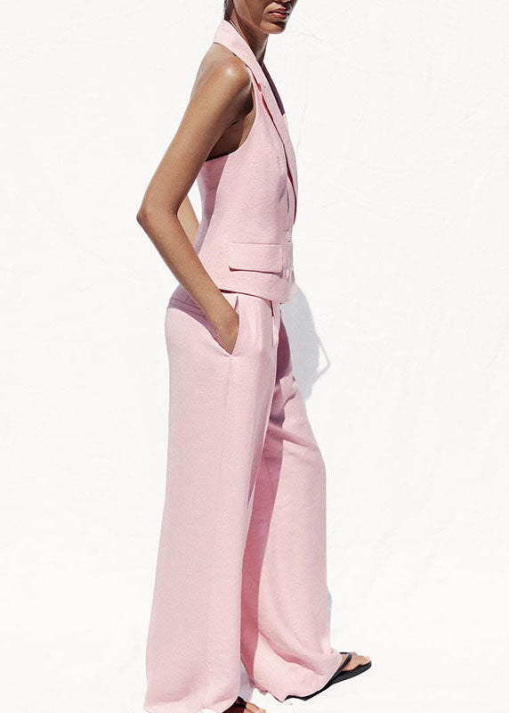 Stylish Pink Backless Double Breast Spandex Two Pieces Set Sleeveless