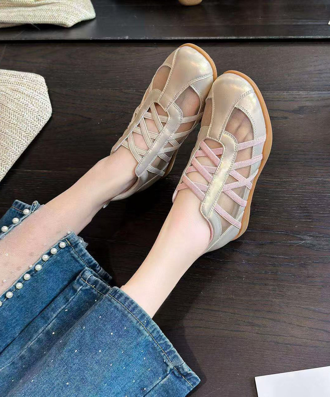 Stylish Pink Breathable Mesh Wedge Heels Shoes Splicing