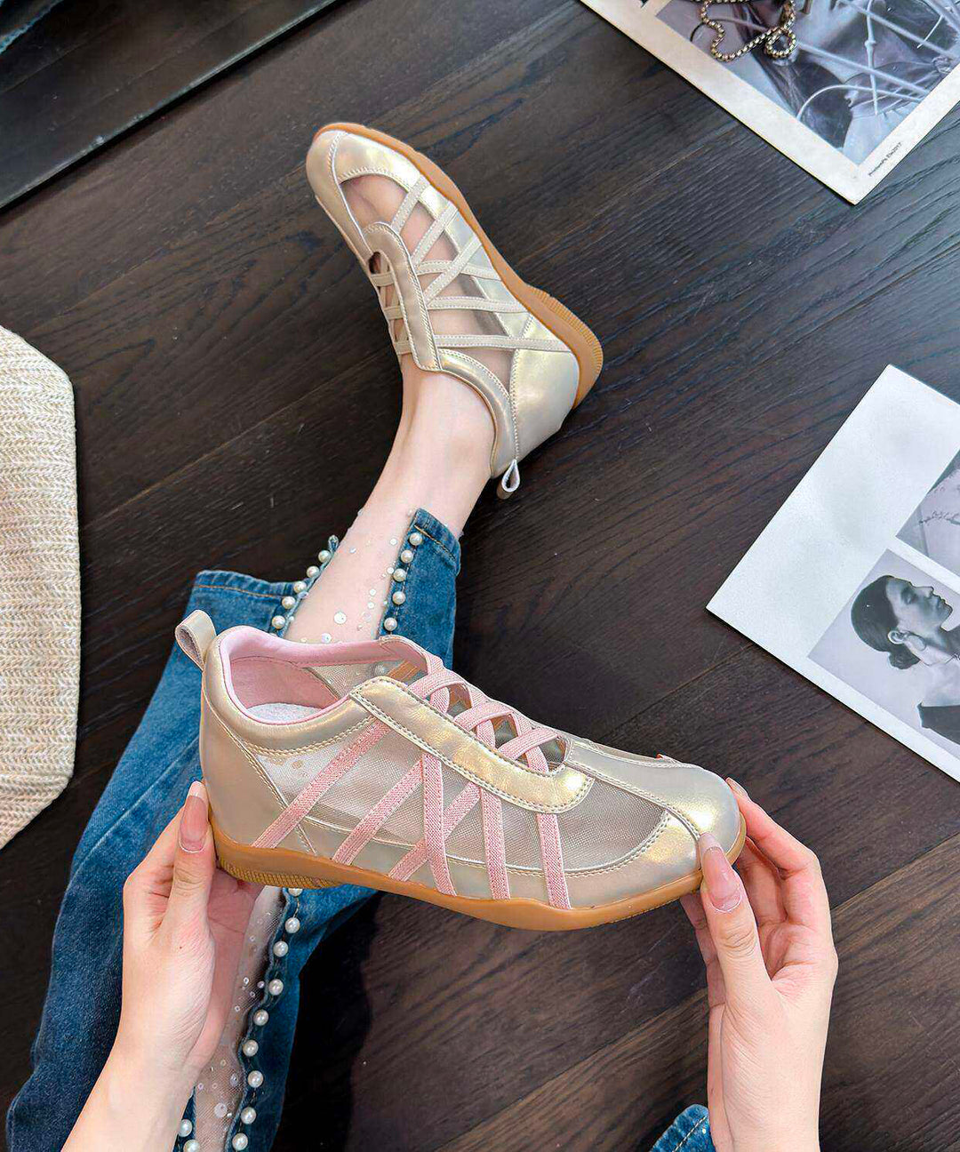 Stylish Pink Breathable Mesh Wedge Heels Shoes Splicing
