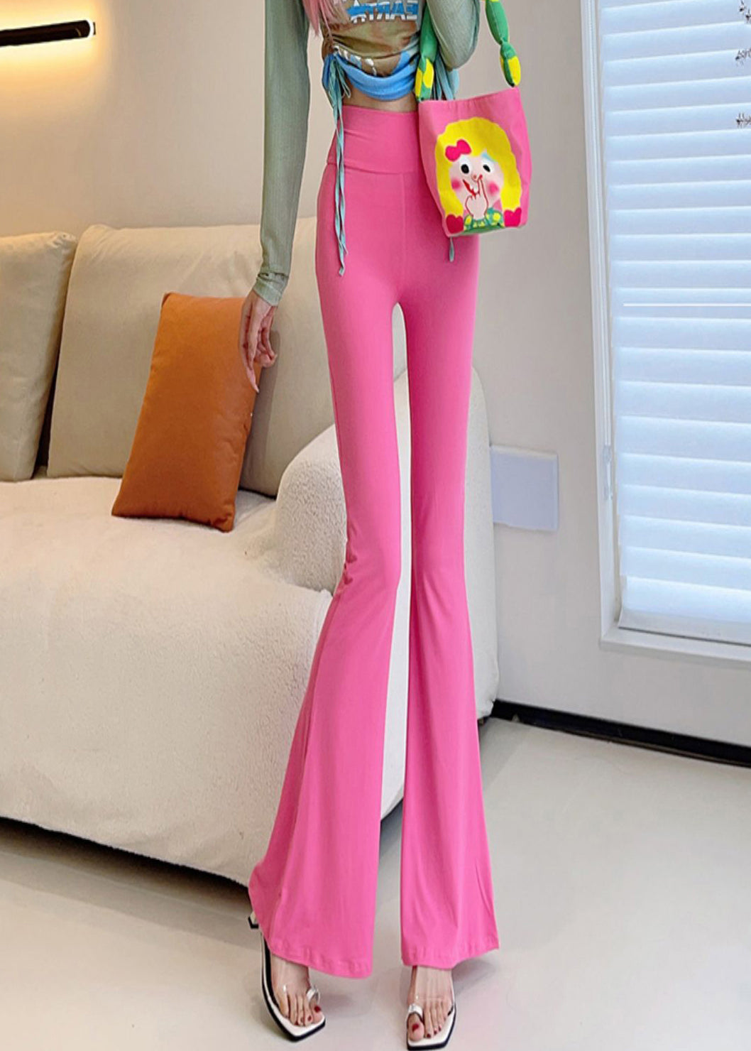 Stylish Pink Butt Scrunch High Waist Nylon Flare Bottoms