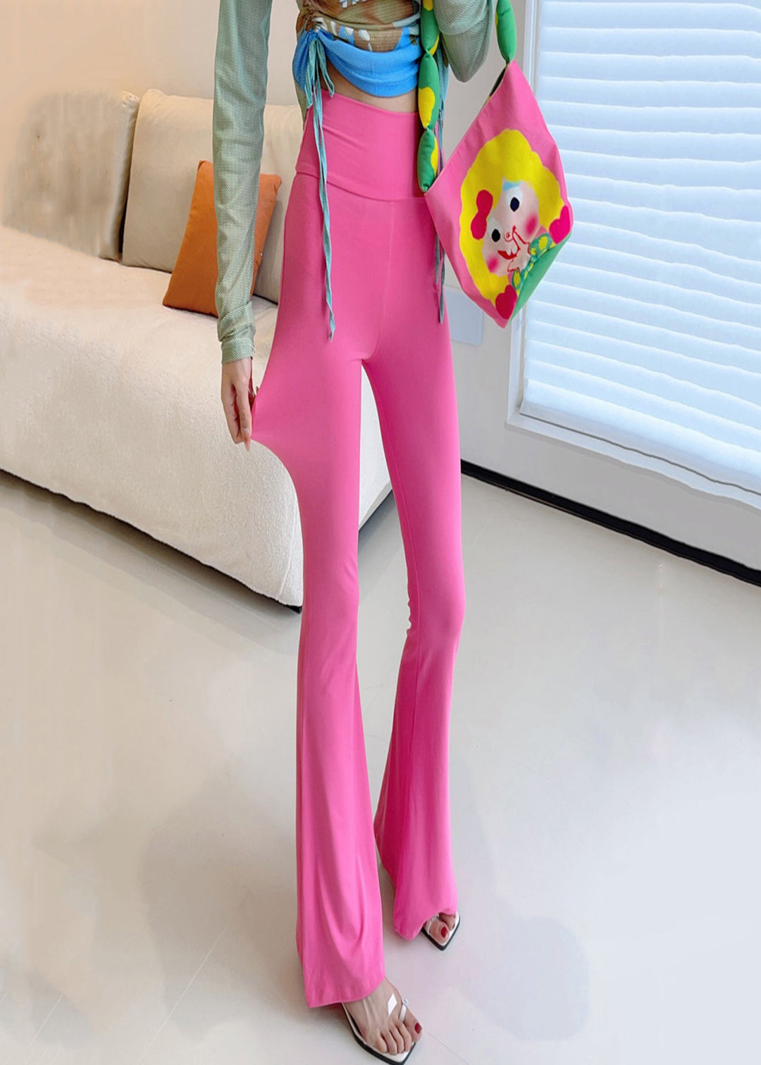 Stylish Pink Butt Scrunch High Waist Nylon Flare Bottoms