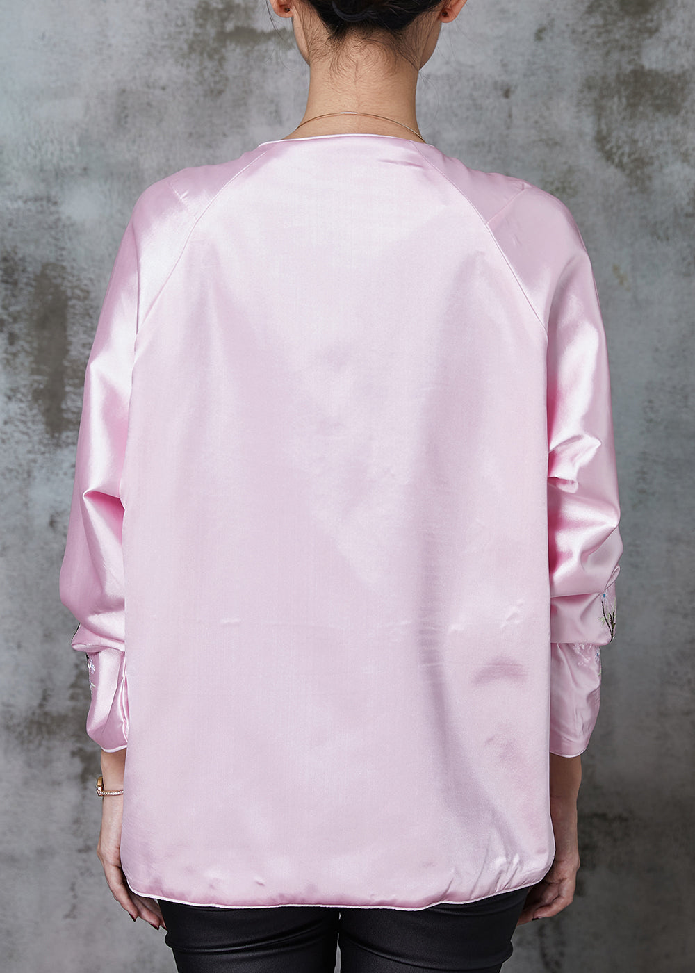 Stylish Pink Embroidered Pockets Silk Jacket Spring