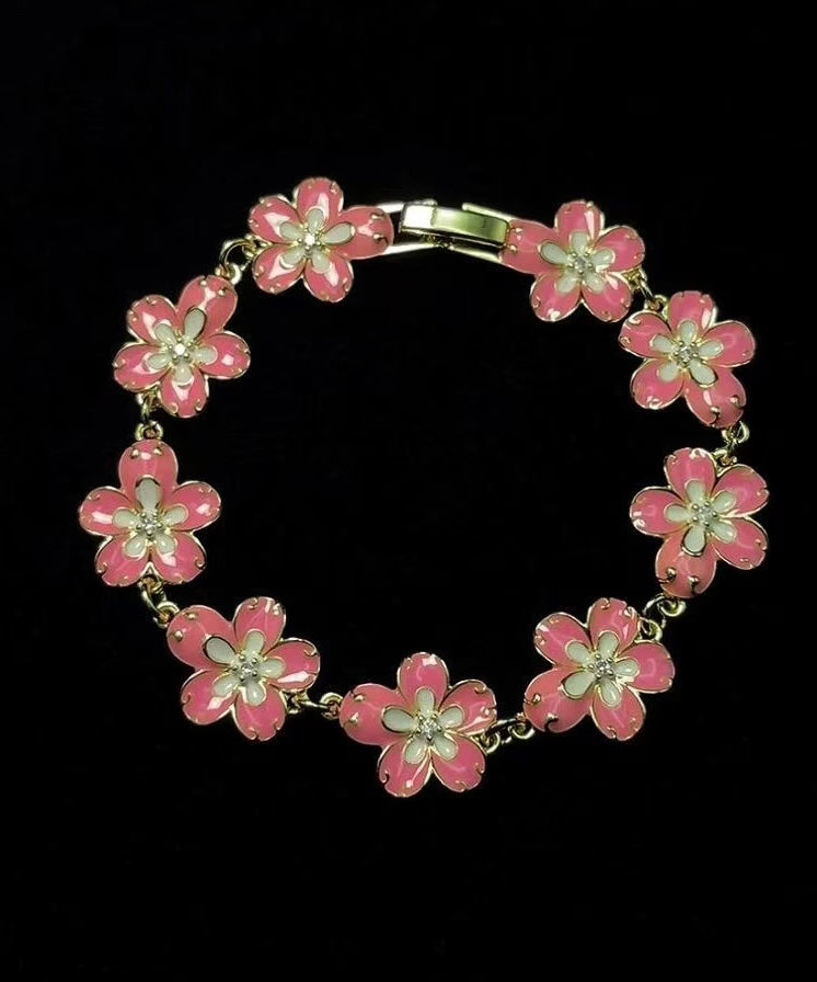 Stylish Pink Floral Gold Plated Chain Bracelet - Omychic