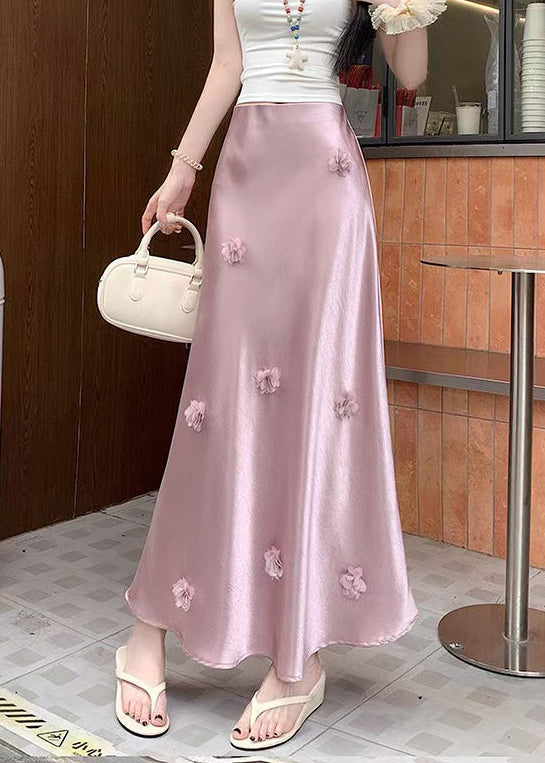 Stylish Pink Floral High Waist Silk Skirt Summer