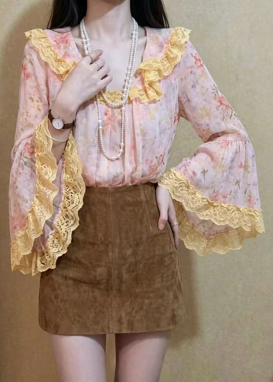 Stylish Pink Floral Ruffled Lace Patchwork Blouse Top Flare Sleeve