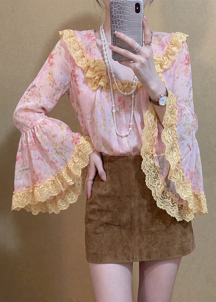 Stylish Pink Floral Ruffled Lace Patchwork Blouse Top Flare Sleeve