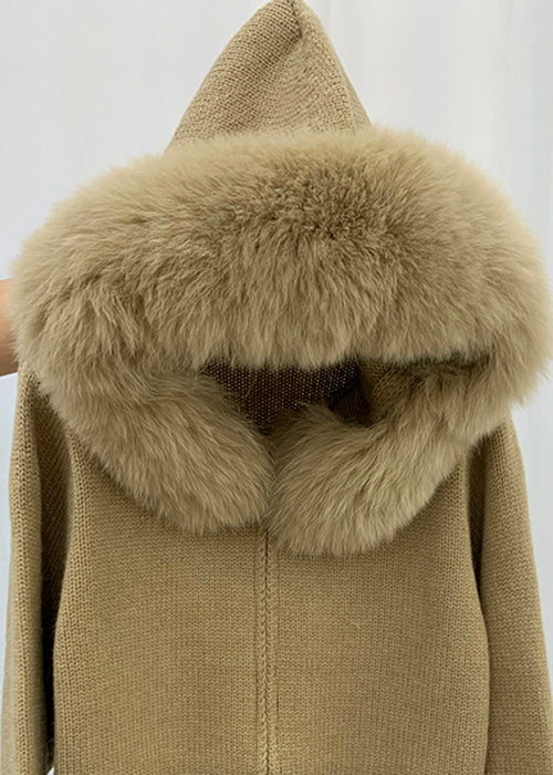 Stylish Pink Fox Collar Zippered Patchwork Knit Coat Winter