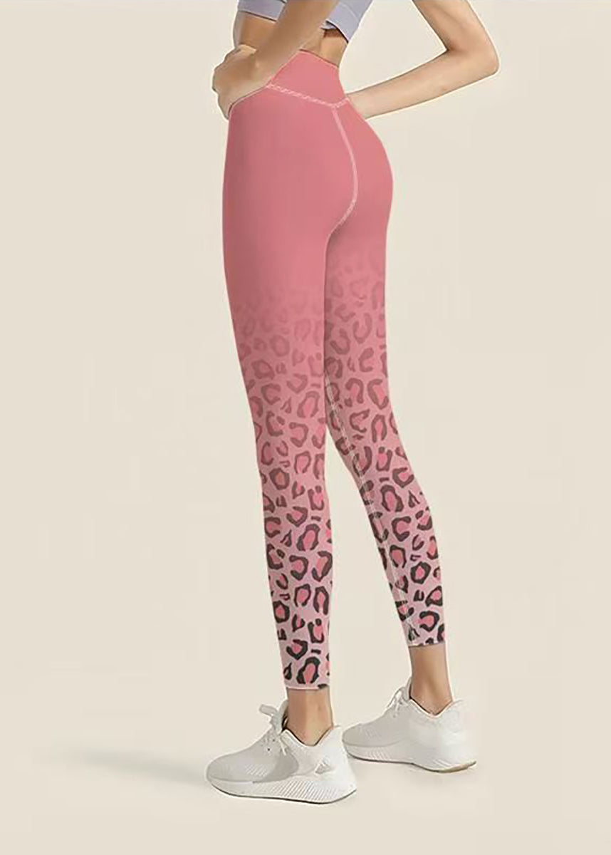 Stylish Pink Gradient Leopard Print High Waist Butt Scrunch Capri Athletic Leggings