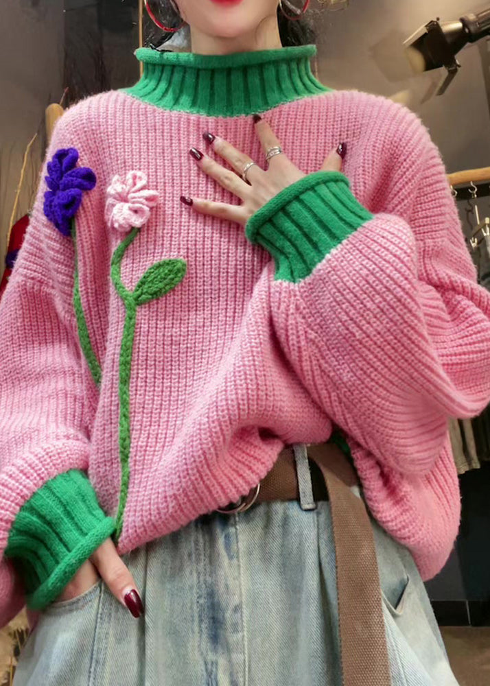 Stylish Pink Hign Neck Floral Patchwork Knit Sweater Winter
