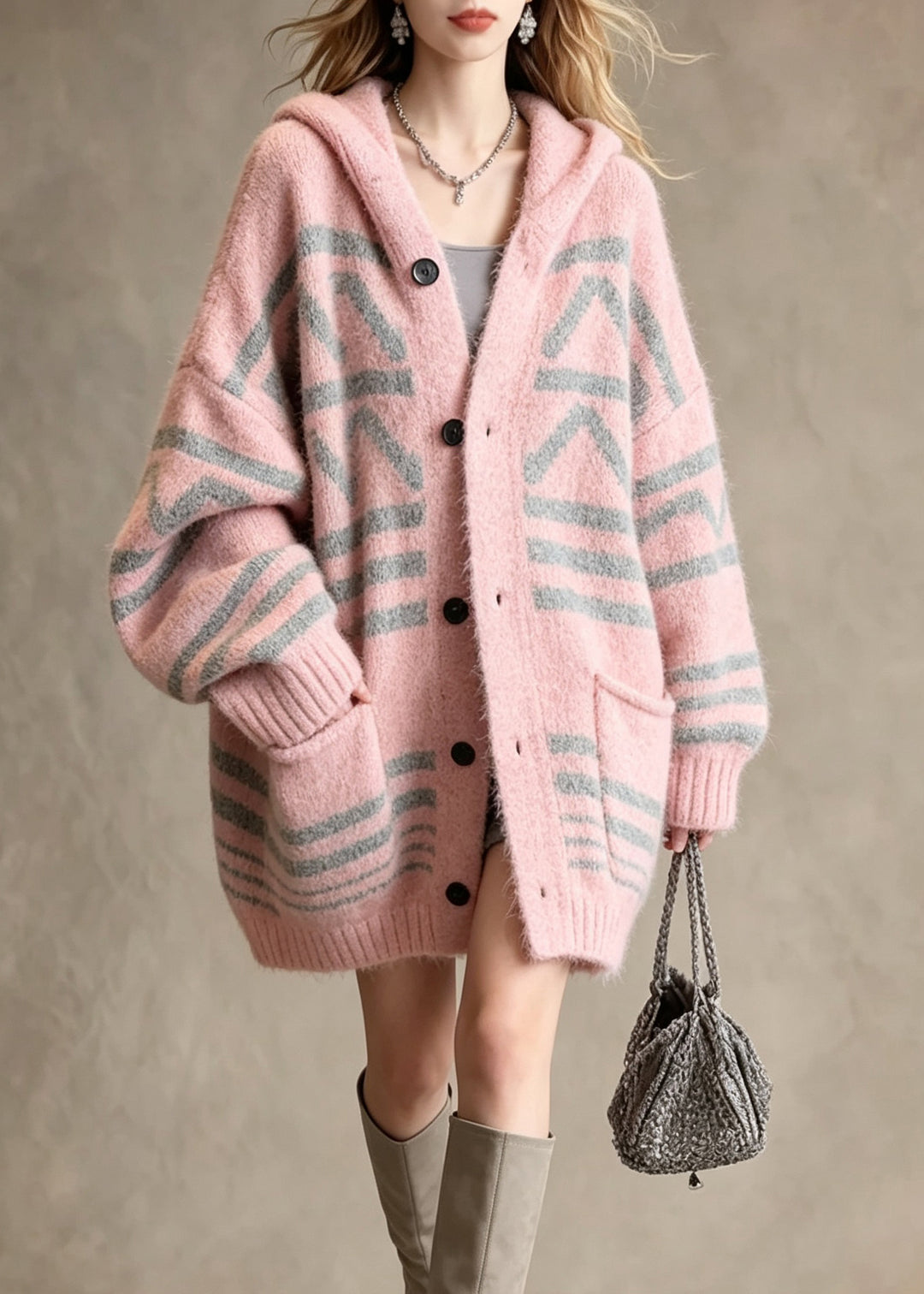 Stylish Pink Hooded Pockets Patchwork Knit Loose Coat Fall