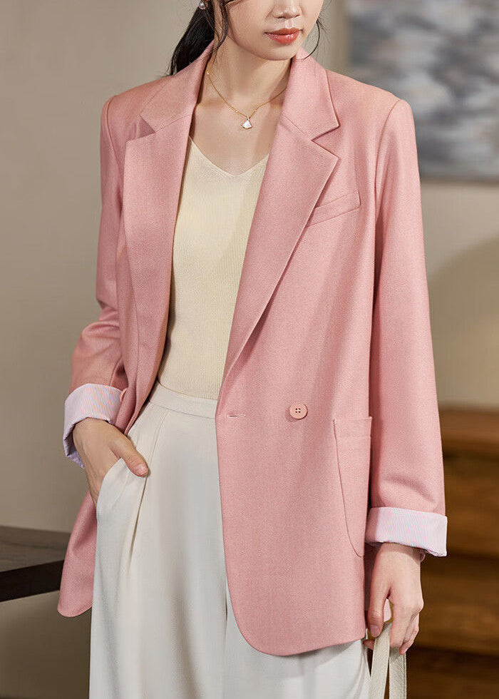 Stylish Pink Notched Double Breast Pockets Spandex Coats Fall