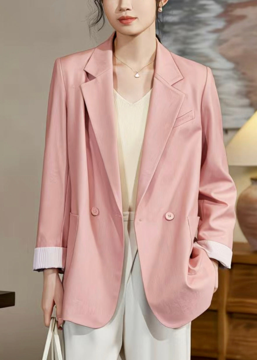 Stylish Pink Notched Double Breast Pockets Spandex Coats Fall