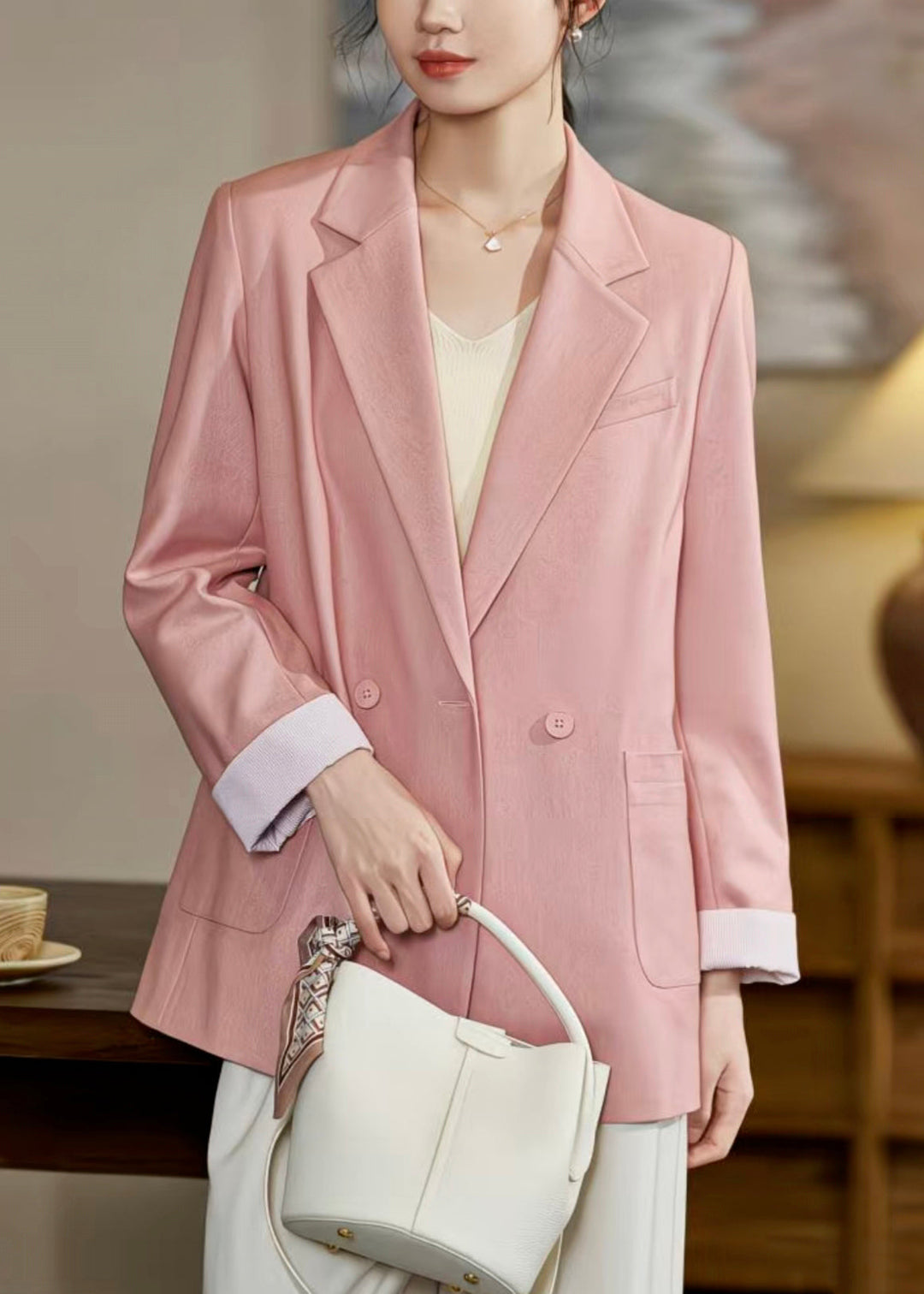 Stylish Pink Notched Double Breast Pockets Spandex Coats Fall