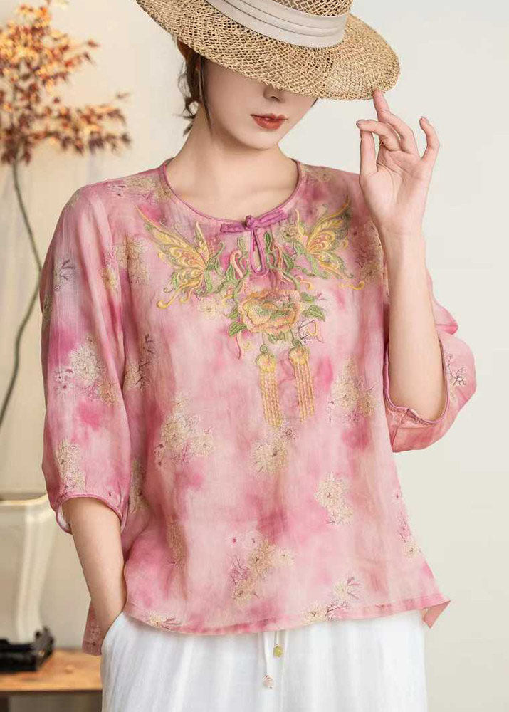 Stylish Pink O Neck Embroidered Linen Blouses Summer