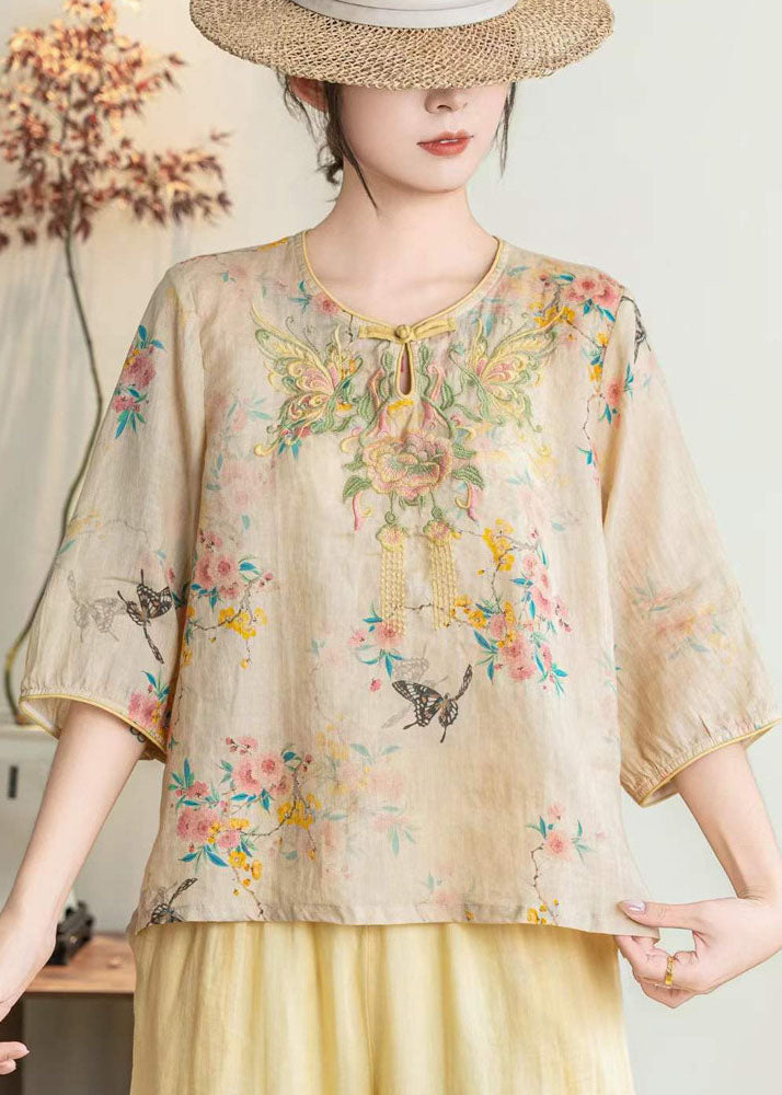 Stylish Pink O Neck Embroidered Linen Blouses Summer