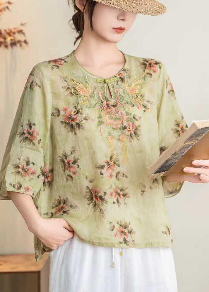 Stylish Pink O Neck Embroidered Linen Blouses Summer