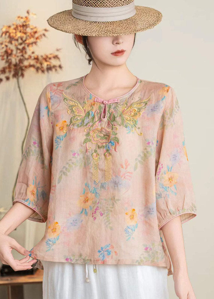 Stylish Pink O Neck Embroidered Linen Blouses Summer